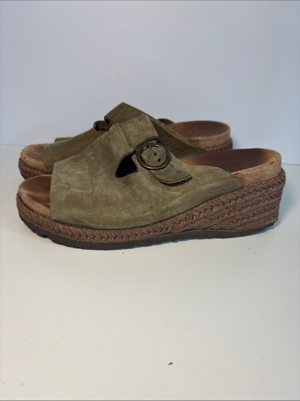Nicole Olive Suede Espadrille Wedge Mules with Buckle